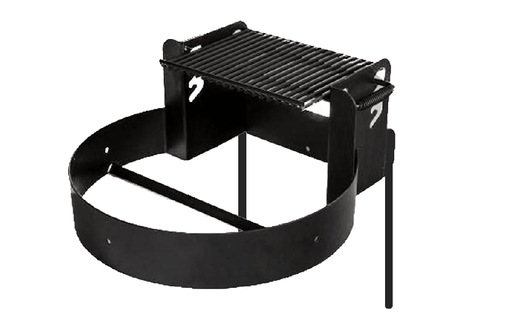 Tilt-back commercial park grill allowing easy ash cleanout and maintenance with hinged design for efficient outdoor grill management